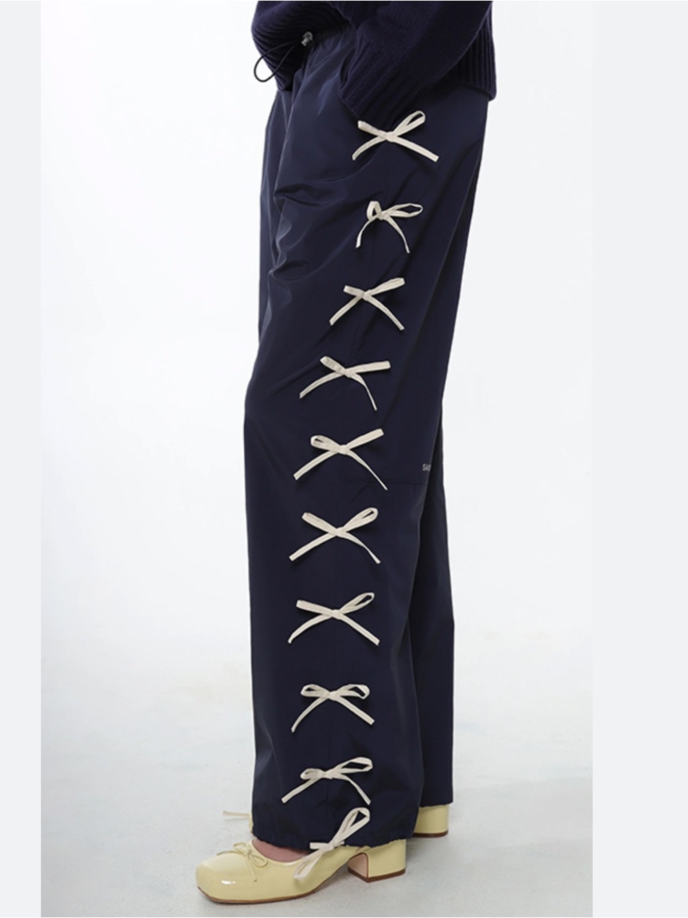 Sandy Liang Navy Wide-Leg Poppet Pants with Cream Side Ties
